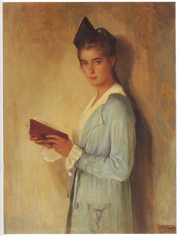 A painting of a woman reading a book