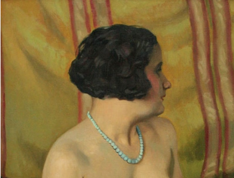 An artistic image of a woman with dark hair wearing blue beads